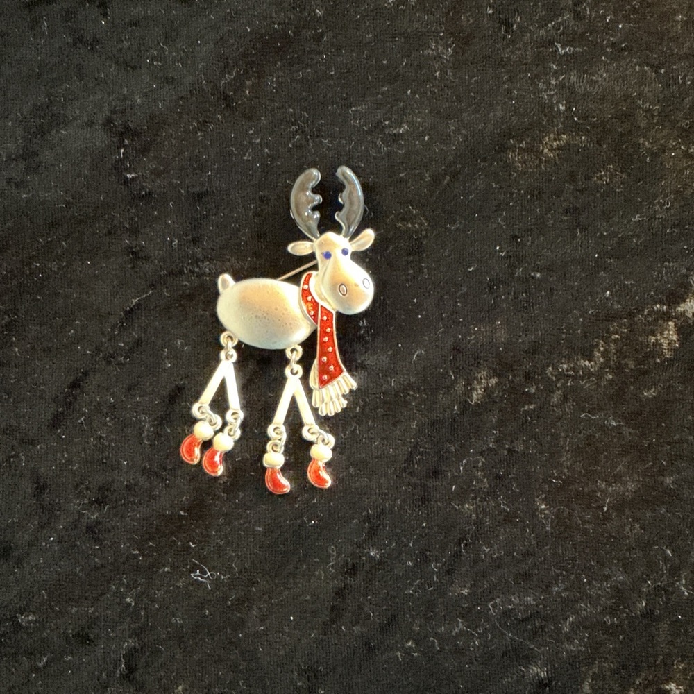 Silver tone Charming Reindeer Brooch with Red Accents and dangling legs